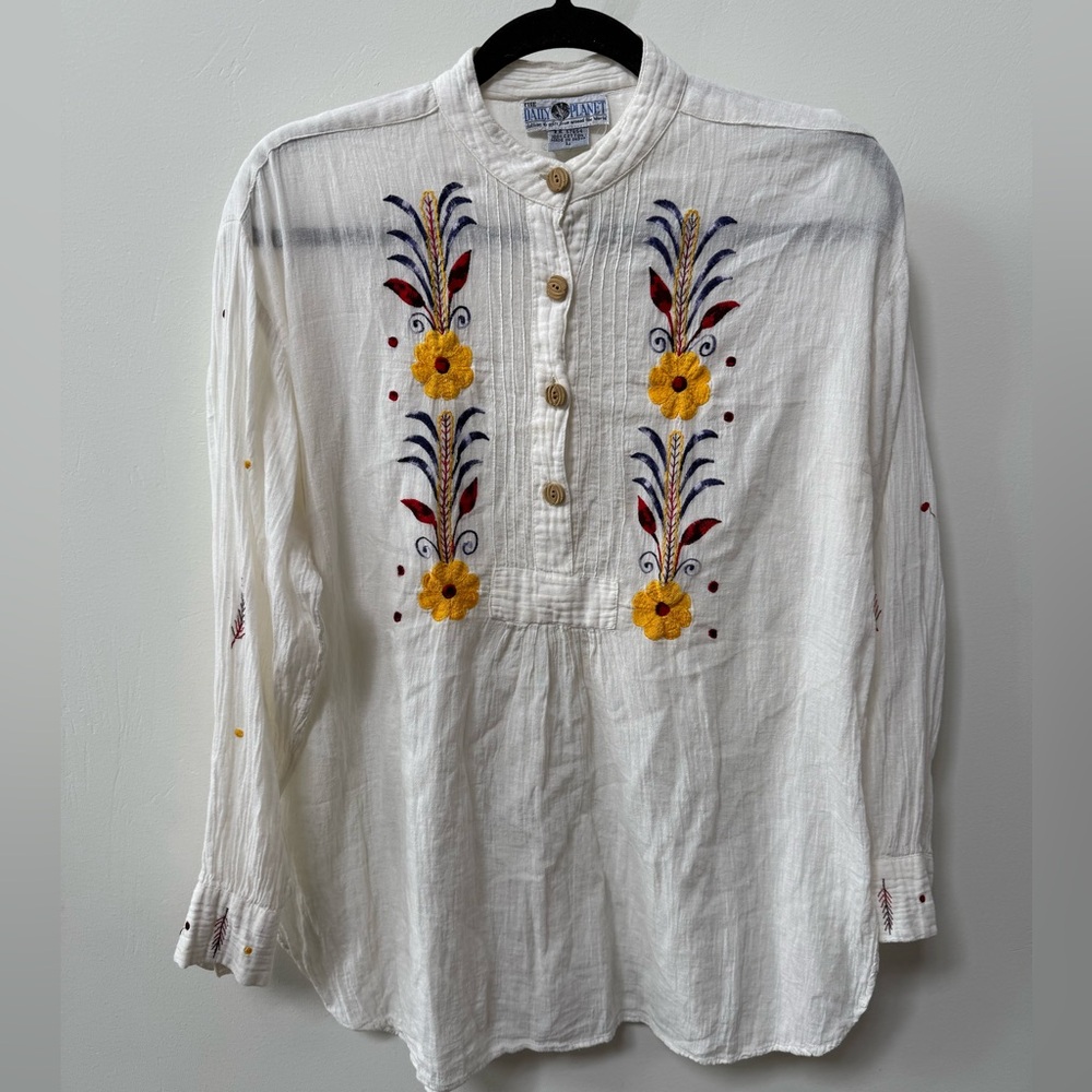 Boho Embroidered White Tunic Top with Yellow Floral Detail